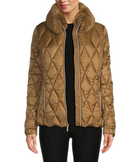 Michael Kors Womens Missy 3/4 Down Faux Fur Trim Jacket 